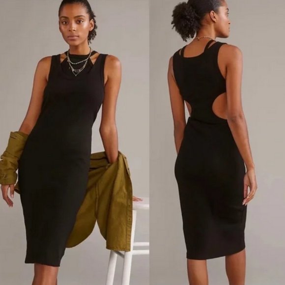 Anthropologie Dresses & Skirts - NEW Anthropologie t.la Black Ribbed Double Layer Cut Out Midi Dress Size Medium